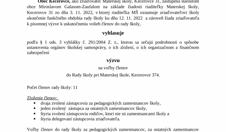 1. fotografia fotogalérie Výzva k uskutočneniu voľby členov do rady školy, MŠ Kecerovce 2022 - foto