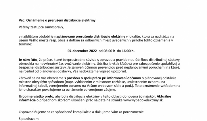 1. fotografia fotogalérie Oznam - prerušenie distribúcie elektriny 7.12.2022 - foto
