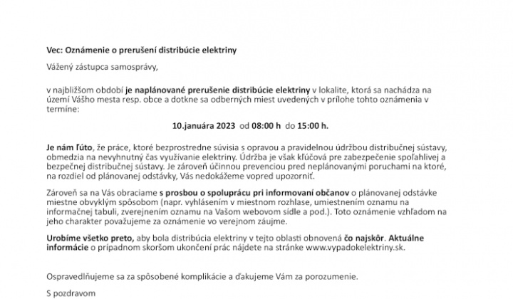 1. fotografia fotogalérie Oznam - prerušenie distribúcie elektriny 10.1.2023 - foto