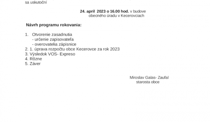 1. fotografia fotogalérie Pozvánka na zasadnutie obecného zastupiteľstva 24.04.2023 - foto
