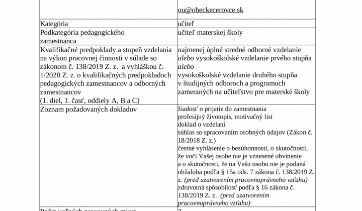 1. fotografia fotogalérie Informácia o voľných prac. miestach - učiteľ/ka MŠ - foto