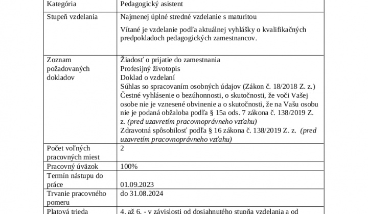 1. fotografia fotogalérie Informácia o voľných prac. miestach - pedagogický asistent MŠ - foto