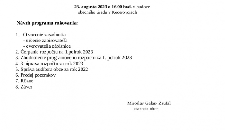 1. fotografia fotogalérie Pozvánka na zasadnutie obecného zastupiteľstva 23.8.2023 - foto