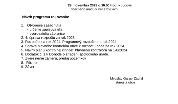 1. fotografia fotogalérie Pozvánka na zasadnutie obecného zastupiteľstva 29.11.2023 - foto