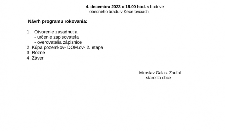 1. fotografia fotogalérie Pozvánka na zasadnutie obecného zastupiteľstva 4.12.2023 - foto