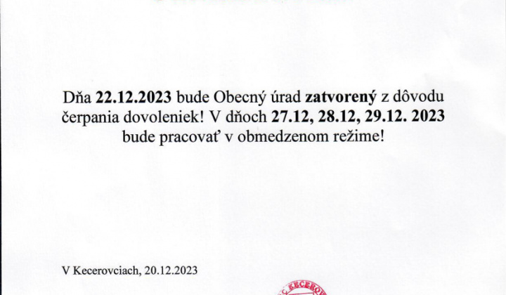 1. fotografia fotogalérie Oznam - obecný úrad zatvorený dňa 22.12.2023 - foto