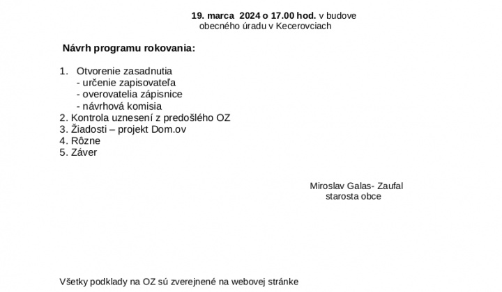 1. fotografia fotogalérie Pozvánka na zasadnutie obecného zastupiteľstva 19.03.2024 - foto
