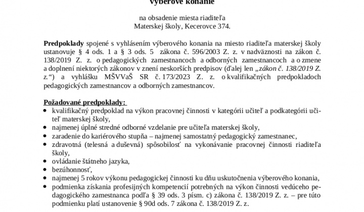 1. fotografia fotogalérie Výberové konanie: Riaditeľ/ka MŠ Kecerovce - foto