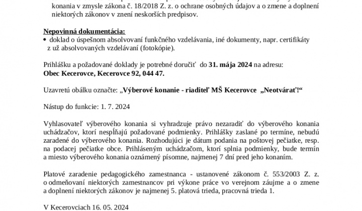 2. fotografia fotogalérie Výberové konanie: Riaditeľ/ka MŠ Kecerovce - foto