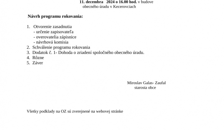 1. fotografia fotogalérie Pozvánka na zasadnutie obecného zastupiteľstva 11.12.2024 - foto