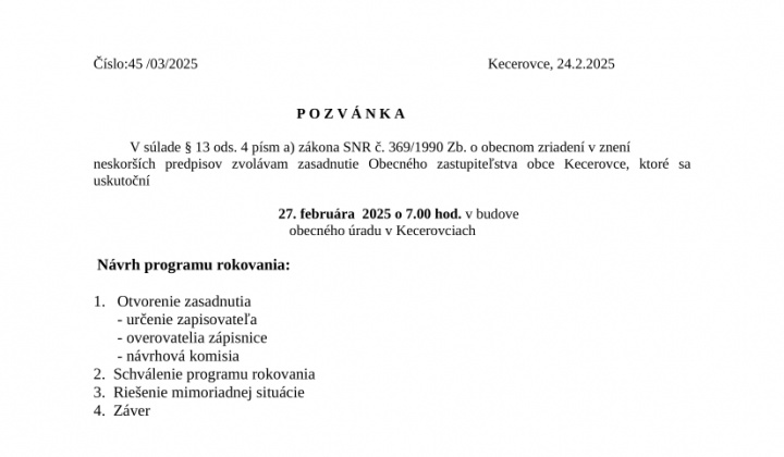 1. fotografia fotogalérie Pozvánka na zasadnutie obecného zastupiteľstva 27.2.2025 - foto