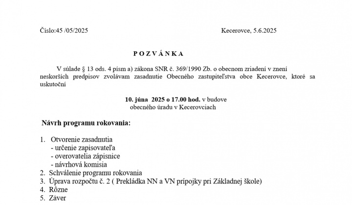 1. fotografia fotogalérie Pozvánka na zasadnutie obecného zastupiteľstva 10.6.2025 - foto