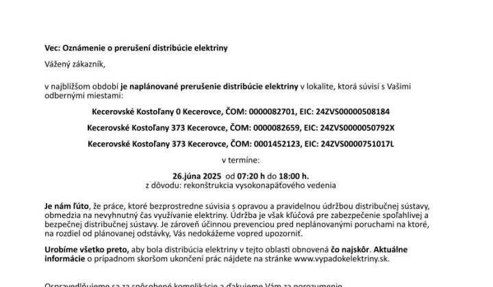 5. fotografia fotogalérie Oznam - prerušenie distribúcie elektriny 26.6.2025 - foto
