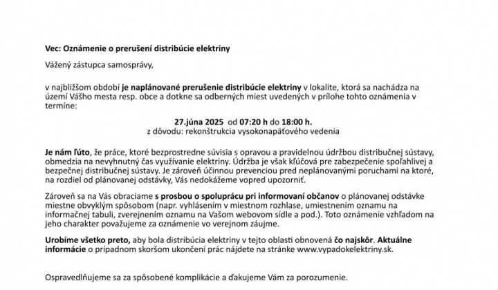 1. fotografia fotogalérie Oznam - prerušenie distribúcie elektriny 27.6.2025 - foto