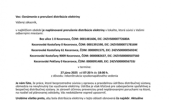 7. fotografia fotogalérie Oznam - prerušenie distribúcie elektriny 27.6.2025 - foto