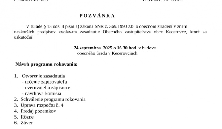 1. fotografia fotogalérie Pozvánka na zasadnutie obecného zastupiteľstva 24.9.2025 - foto