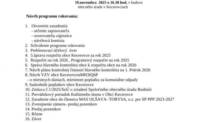 1. fotografia fotogalérie Pozvánka na zasadnutie obecného zastupiteľstva 19.11.2025 - foto